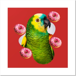 green parrot with pink donuts Posters and Art